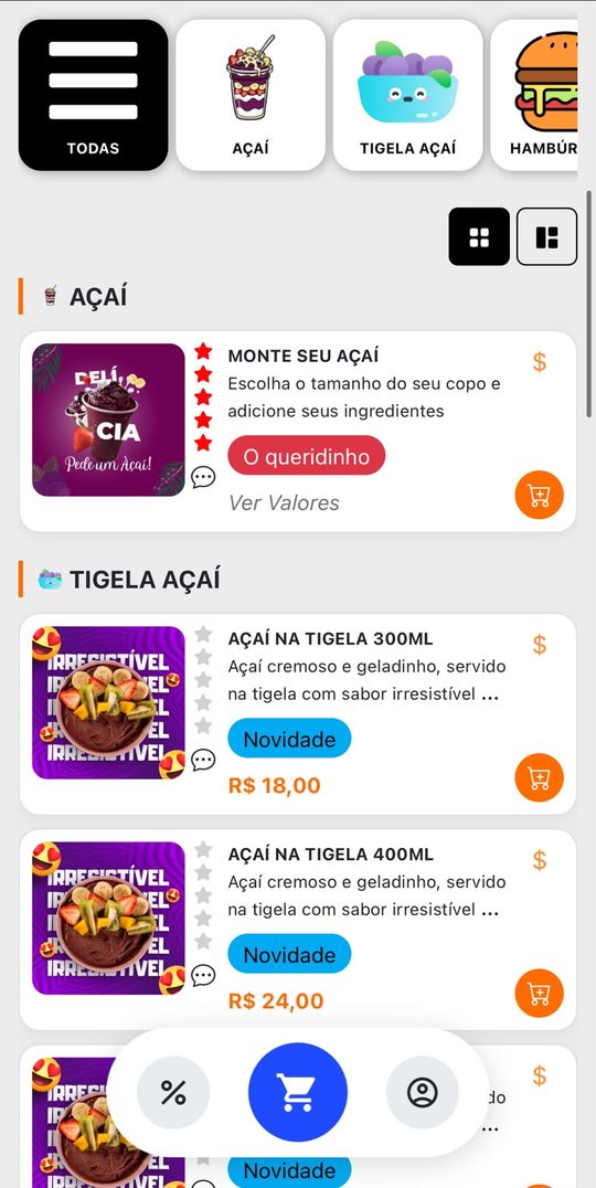 Cardápio da CliqJá com categorias e produtos