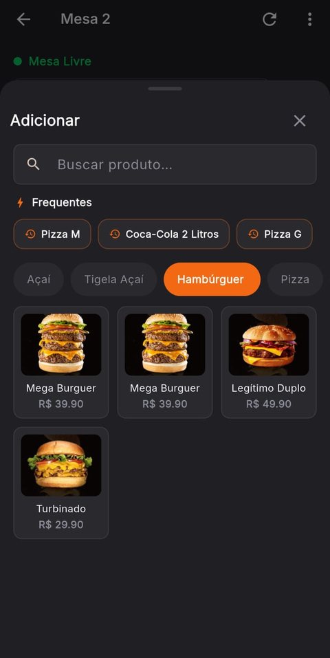 App do Garçom adicionando produtos com busca, itens frequentes e categorias