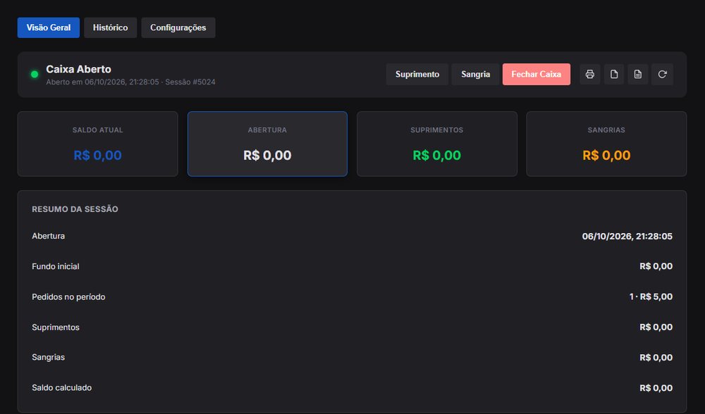 Tela de caixa com suprimento, sangria e resumo da sessão