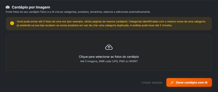 Tela Cardápio por Imagem, onde a IA cria o cardápio a partir de fotos