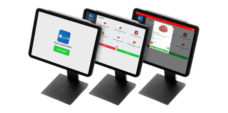 Tablets de autoatendimento com o cardápio da CliqJá
